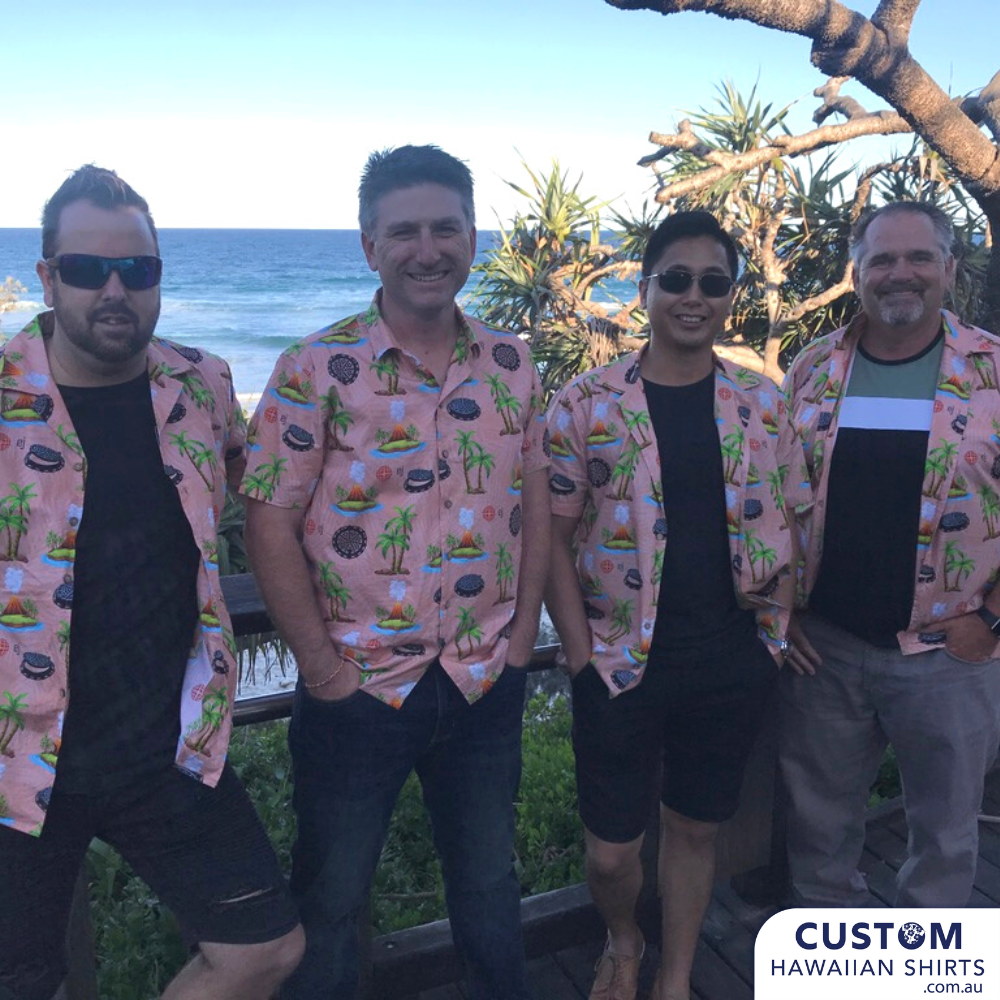 These glamourous gentlemen make the manholes - but our shirts make the man. EJ Australia with their new Personalised Corporate Uniforms. Wearing them out to dinner at the Spirit House, Yandina, Qld. Custom Hawaiian Shirts
