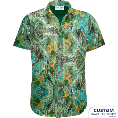 Customised Shirts made for Kuku Bulkaway Indigenous Art Gallery, Cooktown, FNQ. They paint stories they were taught as children about the local bush, food and animals. They supplied photos of their hand-painted art (original paintings you can view in our photo gallery).