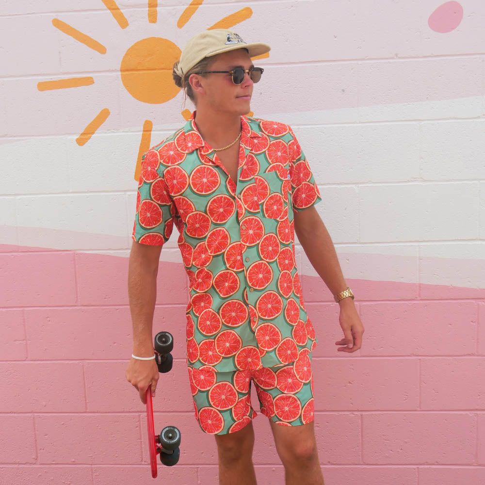 Groovy Grapefruit Party Shirt & Shorts Set Mens Hawaiian Resort Festival Fun Australia