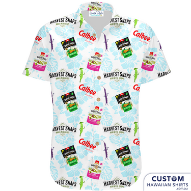 Harvest Snaps said YES PEAS to some groovy Hawaiian shirts for promotional events. Soft touch rayon Open collar Chest pocket Coconut buttons