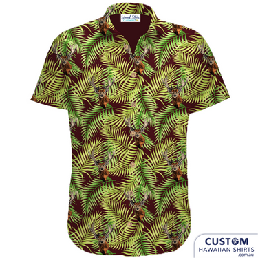 Gordon Cricket Club - Team Uniforms. Interesting print with layers of palm leaves and a stag head. Stand out in your own personalised shirts. You tell us your ideas and we weave the magic. 100% Cotton Coconut buttons