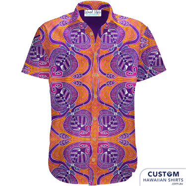Customised Shirts made for Kuku Bulkaway Indigenous Art Gallery, Cooktown, FNQ. They paint stories they were taught as children about the local bush, food and animals. They supplied photos of their hand-painted art (original paintings you can view in our photo gallery). From there our clever design team created a seamless pattern and we turned them into wearable art on shirts and shorts. Deadly style! Main feature is Pink Stingrays
