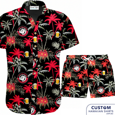 West Football Club 'The Bloods' wanted new uniforms with palms, beers, their logo and some flowers, they like our suggestion for Aussie flowers. We designed and supplied them in mens shirts and shorts. 100% Cotton Coconut buttons