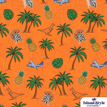 Pattern of palm trees, airplanes, and other elements on an orange background with 'Island Style Clothing' branding.