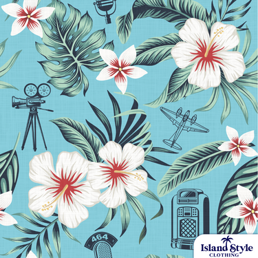 Close-up of 464 SQD, RAAF custom Hawaiian shirt fabric showing hibiscus flowers, palm leaves, aircraft, and military-themed icons on a blue background.