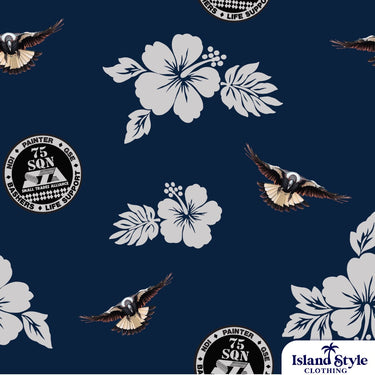 Navy blue fabric with white floral and bird patterns, featuring '75 Sqn' logos.