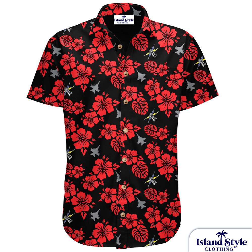 Custom ADF shirts featuring a black base with hibiscus flowers and leaves in red and planes plus their logo.