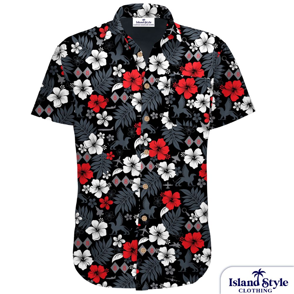 Custom cotton Hawaiian Military shirts. Black base with hibiscus flowers and planes.