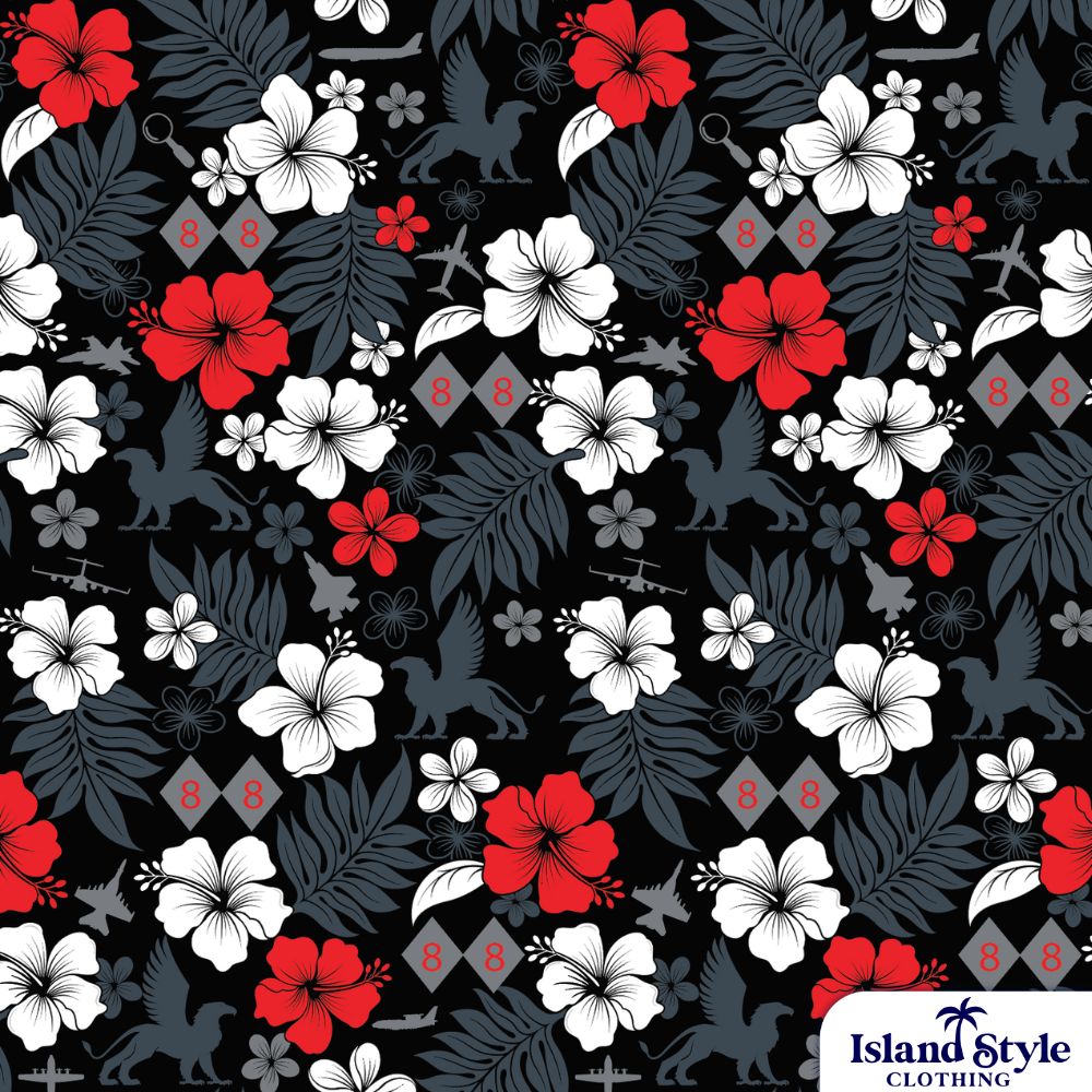 Custom cotton Hawaiian Military shirts. Black base with hibiscus flowers and planes.