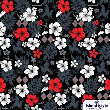 Custom cotton Hawaiian Military shirts. Black base with hibiscus flowers and planes.