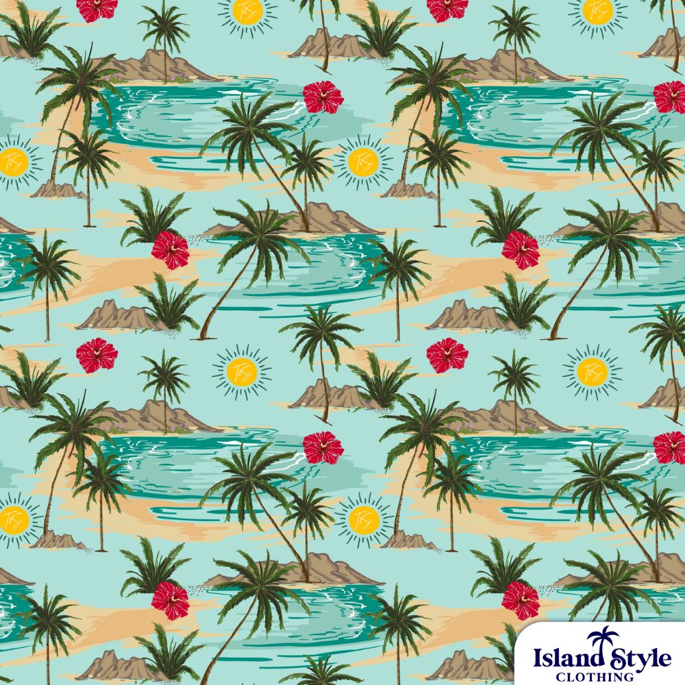 AC Solar Warehouse Friday Hawaiian Shirt Uniforms Cotton_Rayon Unisex Custom Shirts, teal blue base with palm tree, hawaiian island and suna