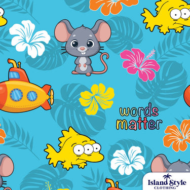 Colorful pattern with cartoon characters, flowers, and 'words matter' text on a blue background.