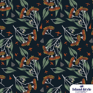 Patterned fabric with floral and leaf design on a dark background, featuring the brand 'Island Style Clothing'.