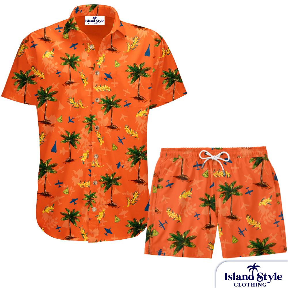 custom shirts for Aircraft Research &amp; Development Unit RAAF featuring an orange base with palm trees, gum tree flowers planes plus and their logo.