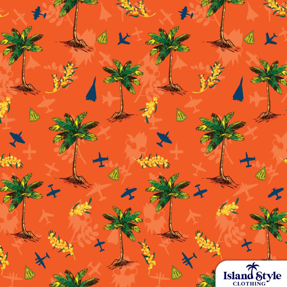 custom shirts for Aircraft Research &amp; Development Unit RAAF featuring an orange base with palm trees, gum tree flowers planes plus and their logo.