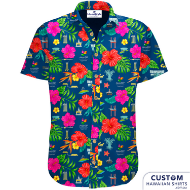 Custom Aloha Friday Hawaiian shirt for Aker BP featuring oil rigs, Norwegian icons, and tropical floral patterns on a navy background.