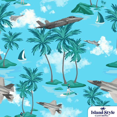 Close-up of ACURL – Custom Military Hawaiian fabric design with jets, palm trees, paddle boarders, and islands on a teal background. Great for custom shirts.