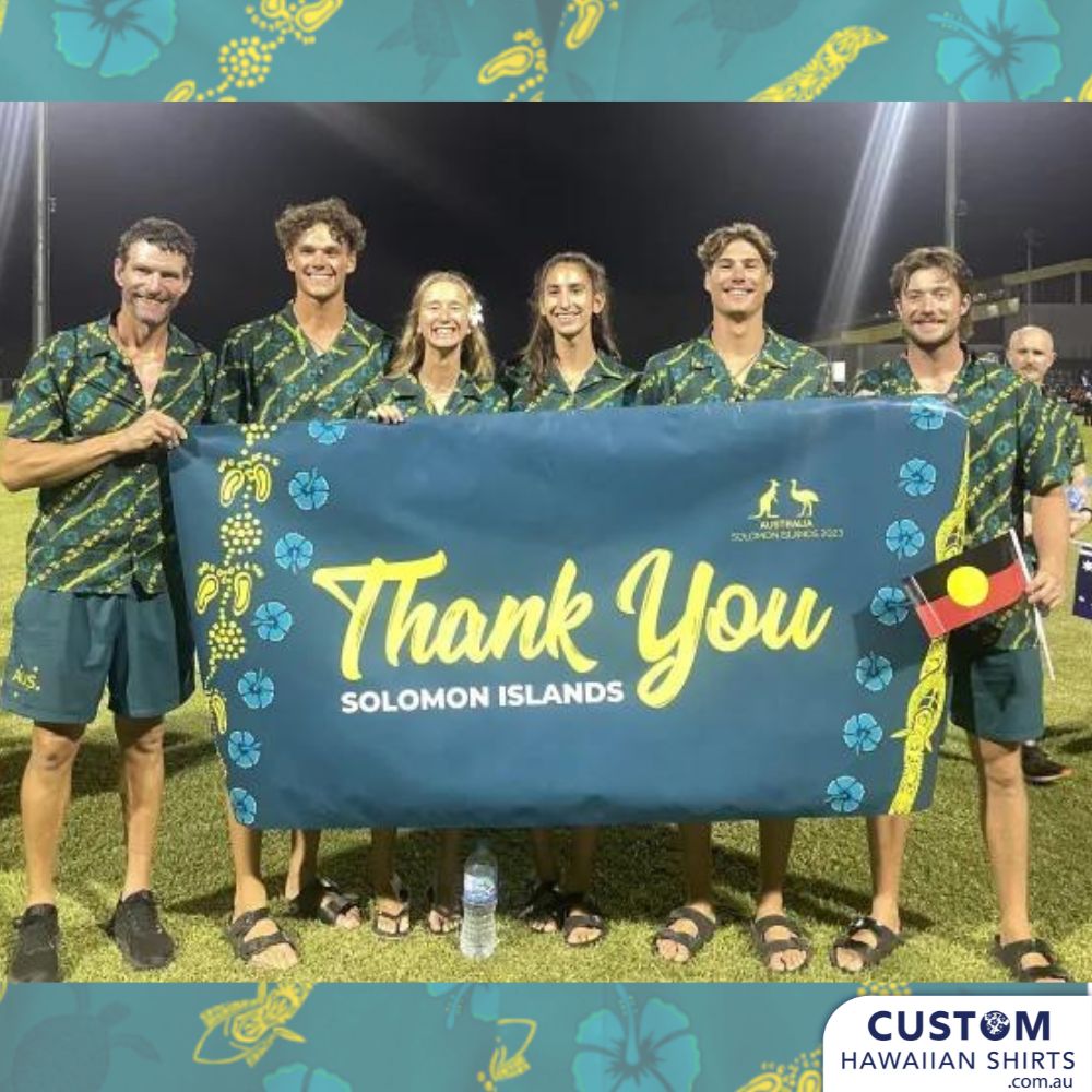 We were very proud to supply the Australian Olympic Committee, for a second time, these customised Hawaiian shirts for the team to wear to the Pacific Games in Solomon Island 2023. They wanted a shirt that represented Australia - gum leaves and also the host country with hibiscus flowers and tribal motif of course in the Australian team colours.