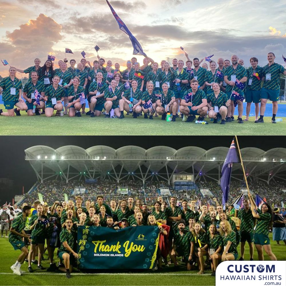 We were very proud to supply the Australian Olympic Committee, for a second time, these customised Hawaiian shirts for the team to wear to the Pacific Games in Solomon Island 2023. They wanted a shirt that represented Australia - gum leaves and also the host country with hibiscus flowers and tribal motif of course in the Australian team colours.