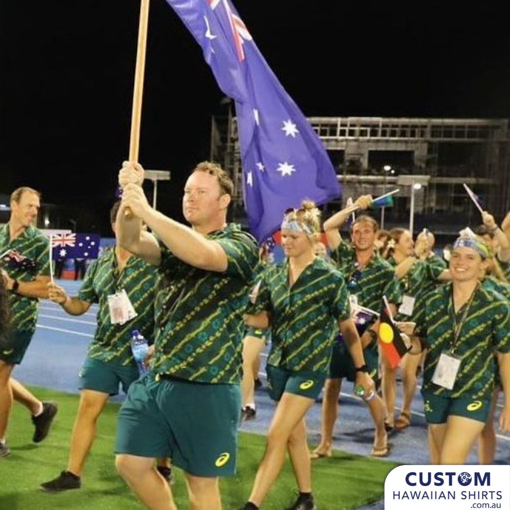 We were very proud to supply the Australian Olympic Committee, for a second time, these customised Hawaiian shirts for the team to wear to the Pacific Games in Solomon Island 2023. They wanted a shirt that represented Australia - gum leaves and also the host country with hibiscus flowers and tribal motif of course in the Australian team colours.