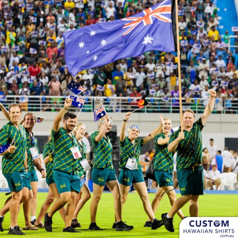 We were very proud to supply the Australian Olympic Committee, for a second time, these customised Hawaiian shirts for the team to wear to the Pacific Games in Solomon Island 2023. They wanted a shirt that represented Australia - gum leaves and also the host country with hibiscus flowers and tribal motif of course in the Australian team colours.