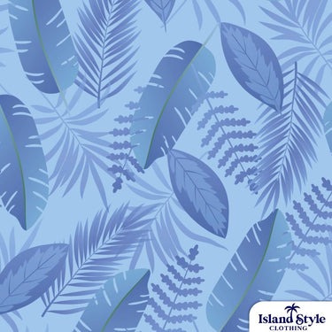 Close-up of blue tropical leaf pattern used in BMA BHP & Mitsubishi Development custom Aloha Friday shirts for casual corporate uniforms. Custom Mining Shirts.