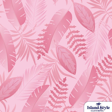 Close-up of pink tropical leaf pattern used in BMA BHP & Mitsubishi Development – Custom Pink Aloha Friday Shirts, ideal for branded uniforms. Customised Mining Shirts.