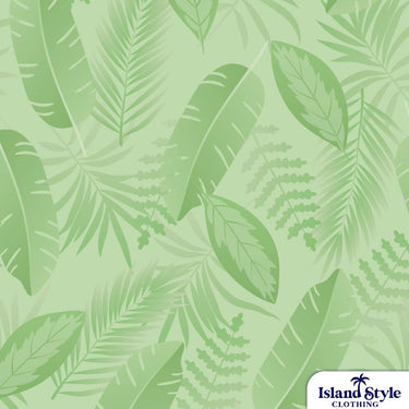 Close-up of green tropical leaf pattern used in BMA BHP Green Aloha Friday shirts, ideal for custom corporate or mining apparel. Customised Mining Shirts.