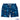 Blue swim shorts with tropical pattern on a white background