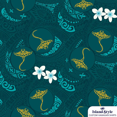 Close-up of Burrum District Outrigger Canoe Club custom shirt fabric with yellow stingrays, tribal patterns, and white flowers on dark green background.