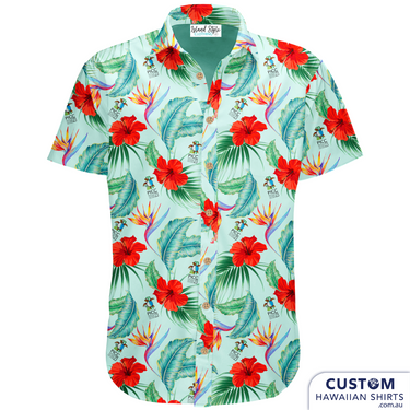 For the ADF PICC23 Pacific Island Cricket Tournament Challenge - held in Fiji 2023. Customised Team Uniforms featuring bold hibiscus flowers, bird of paradise flowers, tropical leaves and their logo on a green base.  100% Cotton Embossed coconut buttons