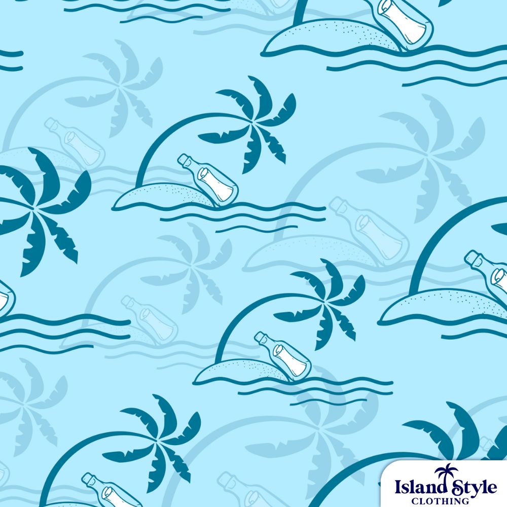 Castaways on Moreton | Custom Polo Uniforms, blue shirt with palm trees and water