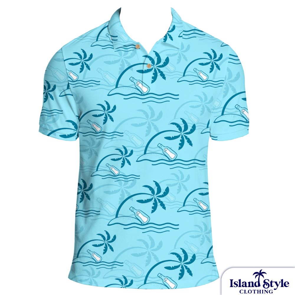 Castaways on Moreton | Custom Polo Uniforms, blue shirt with palm trees and water