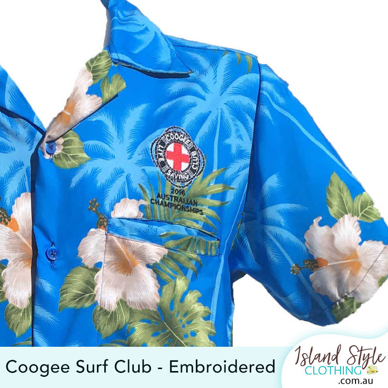 Coogee Beach Surf Life Saving Club custom Hawaiian Shirts for nationals added embroidered logo