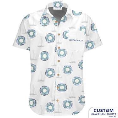 We made these stylish personalized Hawaiian shirts for staff uniforms at Cooloola Sailing, NSW. A simple but effective design including their logo, a line drawing of a yacht on a white base.