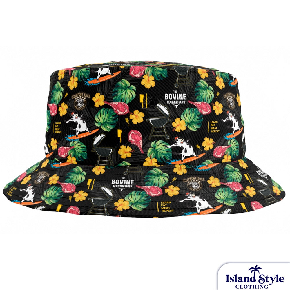Bucket hat with tropical pattern and 'Bovine' branding on a white background