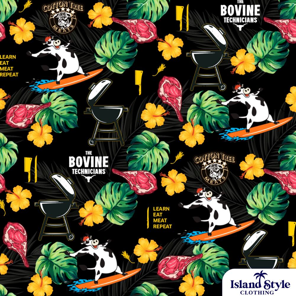 Colorful pattern with cows, leaves, flowers, and barbecue grills on a black background.