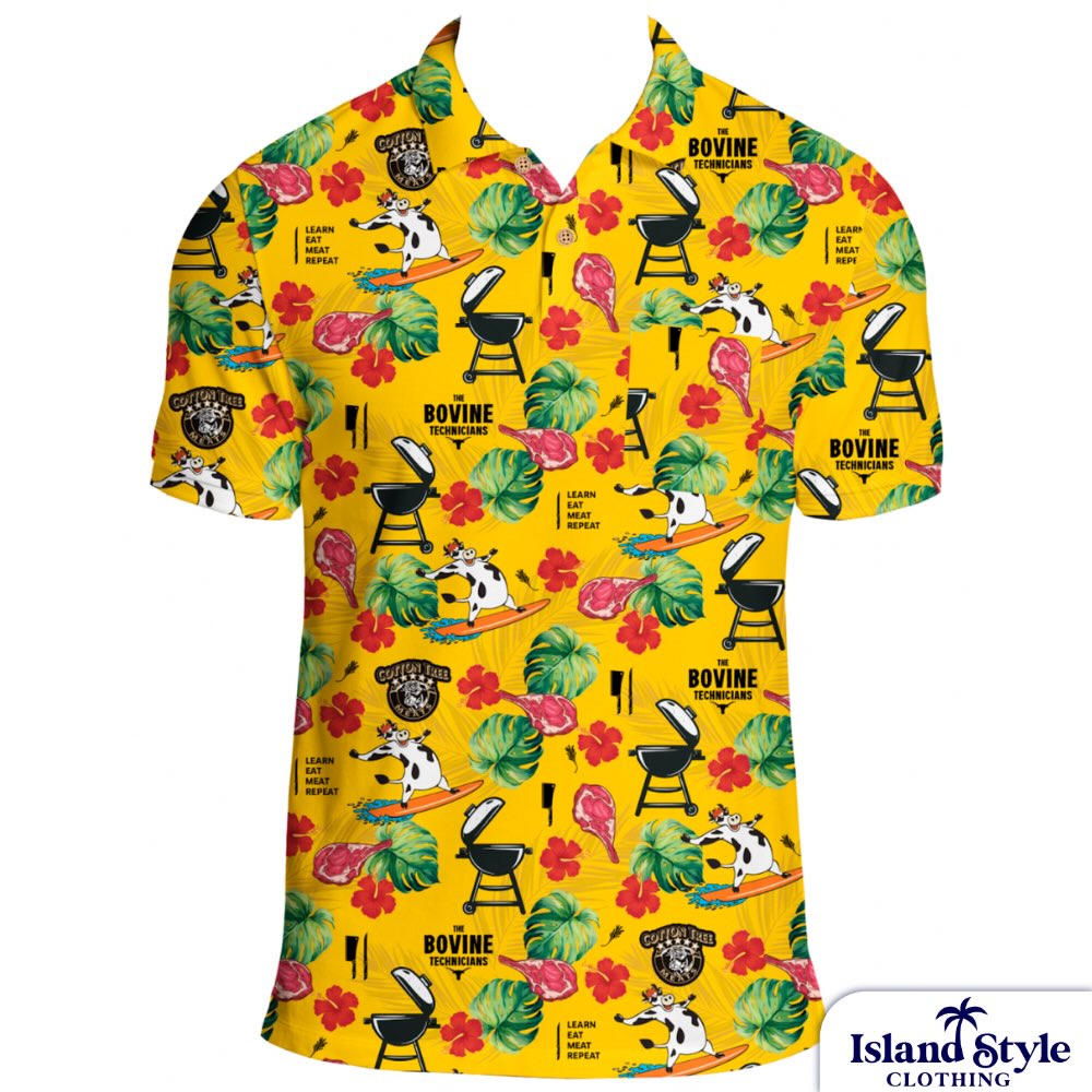 Yellow Hawaiian shirt with barbecue and cow design on a white background