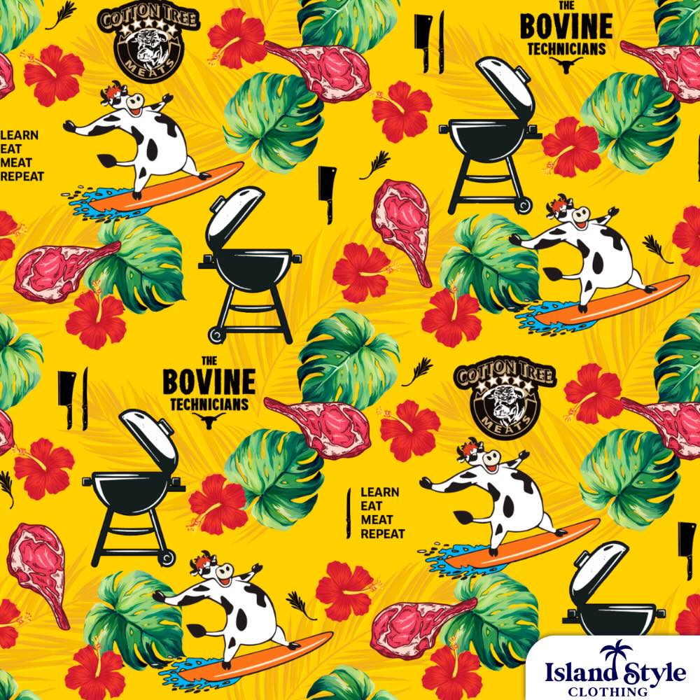 Patterned fabric with cows, BBQs, and tropical leaves on a yellow background