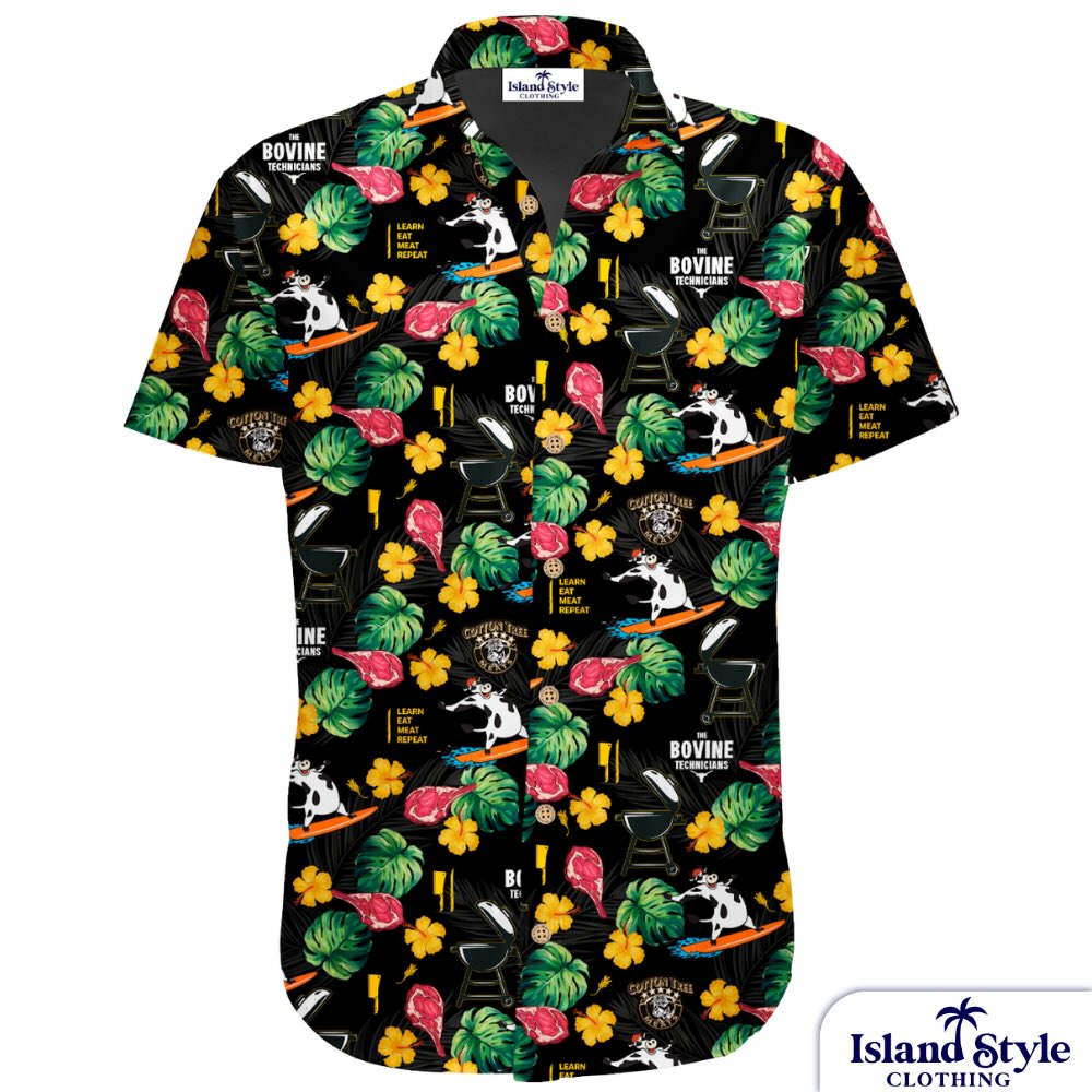 Short-sleeve shirt with colorful tropical pattern on a black background, featuring 'Island Style Clothing' branding.