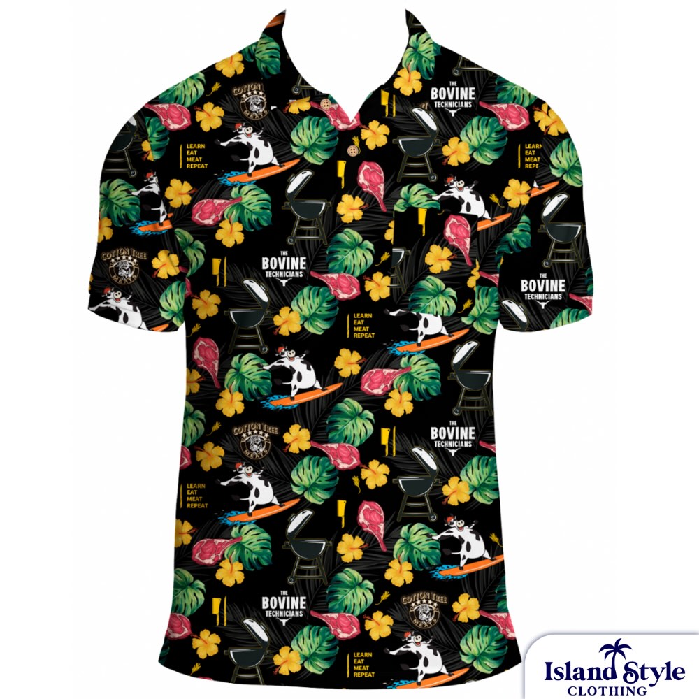 Colorful patterned shirt with Island Style Clothing branding on a white background
