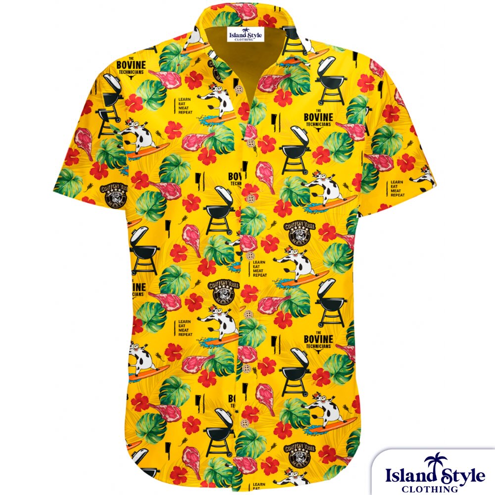 Colorful Hawaiian shirt with island-themed design on a white background