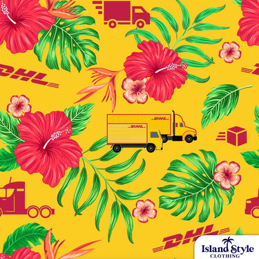 Pattern with DHL trucks, flowers, and leaves on a yellow background
