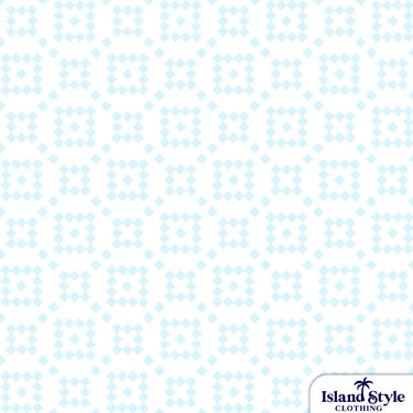 Patterned fabric with small blue dots on a white background, featuring 'Island Style Clothing' logo.