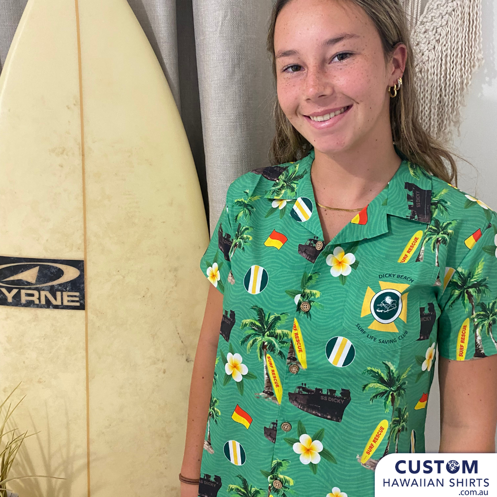 These custom shirts were designed for the Dicky Beach Surf Life Saving Club at one of our local beaches here on the Sunshine Coast, Queensland.  These eye-catching shirts feature a local wreck, logo, surfboards with a background of frangipanis and palms.  100% soft rayon Adults & Kids cuts Chest pocket Coconut buttons