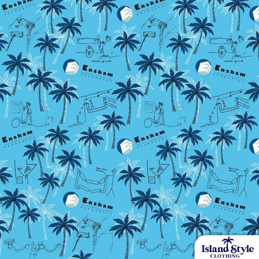 Patterned fabric with palm trees and 'Ensham' branding on a blue background.