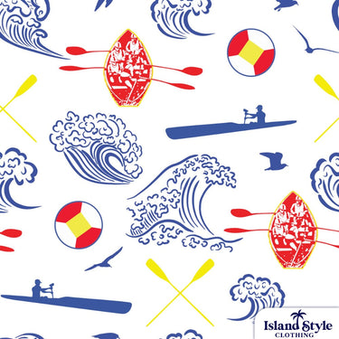 Close-up of Esperance Goldfields SLSC shirt pattern with red rescue boats, blue waves, paddles, and life rings in a custom surf club design.