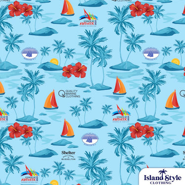 Close-up of Geo Bay Race Hawaiian shirt fabric featuring tropical island motifs, red yachts, hibiscus flowers, and event branding on light blue.