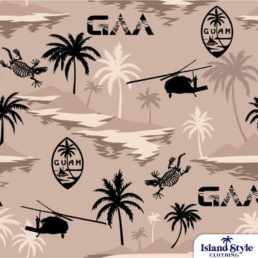 Pattern with Guam symbols including palm trees, helicopters, and crocodiles on a beige background.