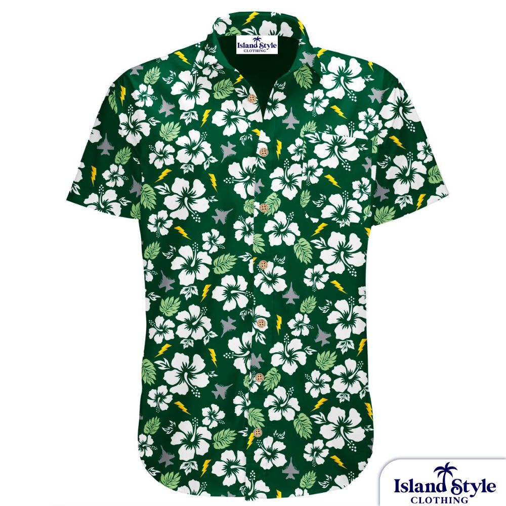 Custom Hawaiian Military shirts with a classic hawaiian look with a dark green base, white hibiscus flowers and planes.